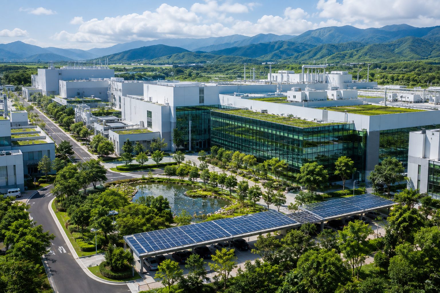 Aerial view of a green semiconductor campus with solar arrays and water bodies