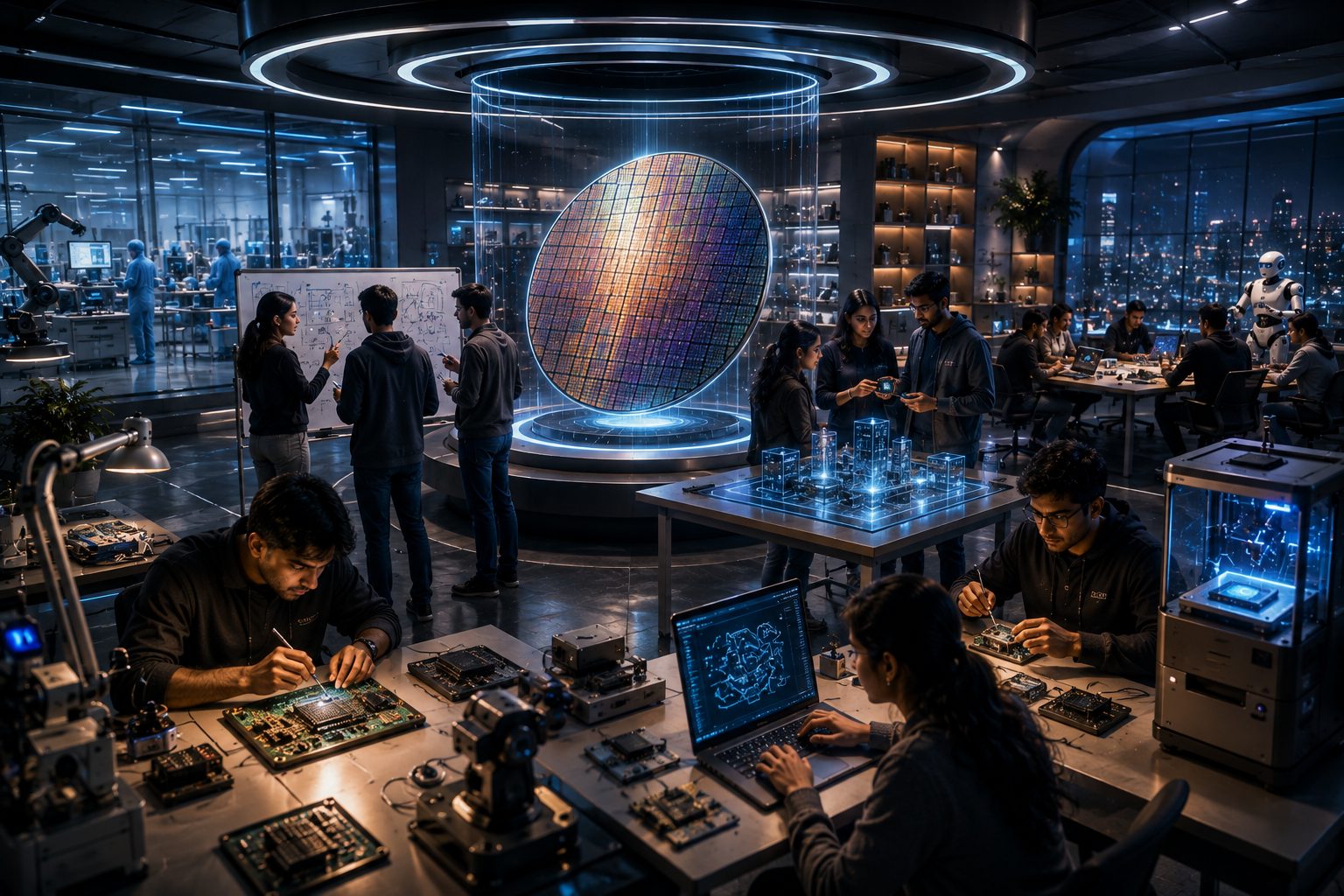 Founders working around a holographic wafer in an innovation lab