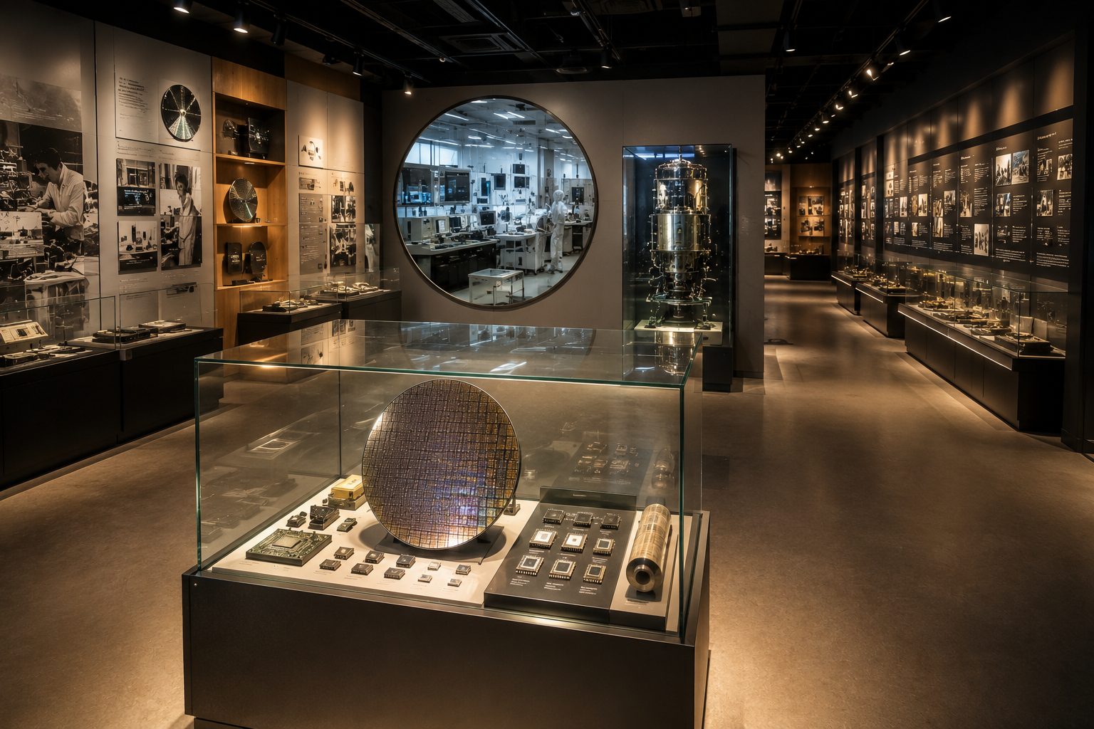 Gallery of the WOW Semuseum with a wafer displayed in a lit case