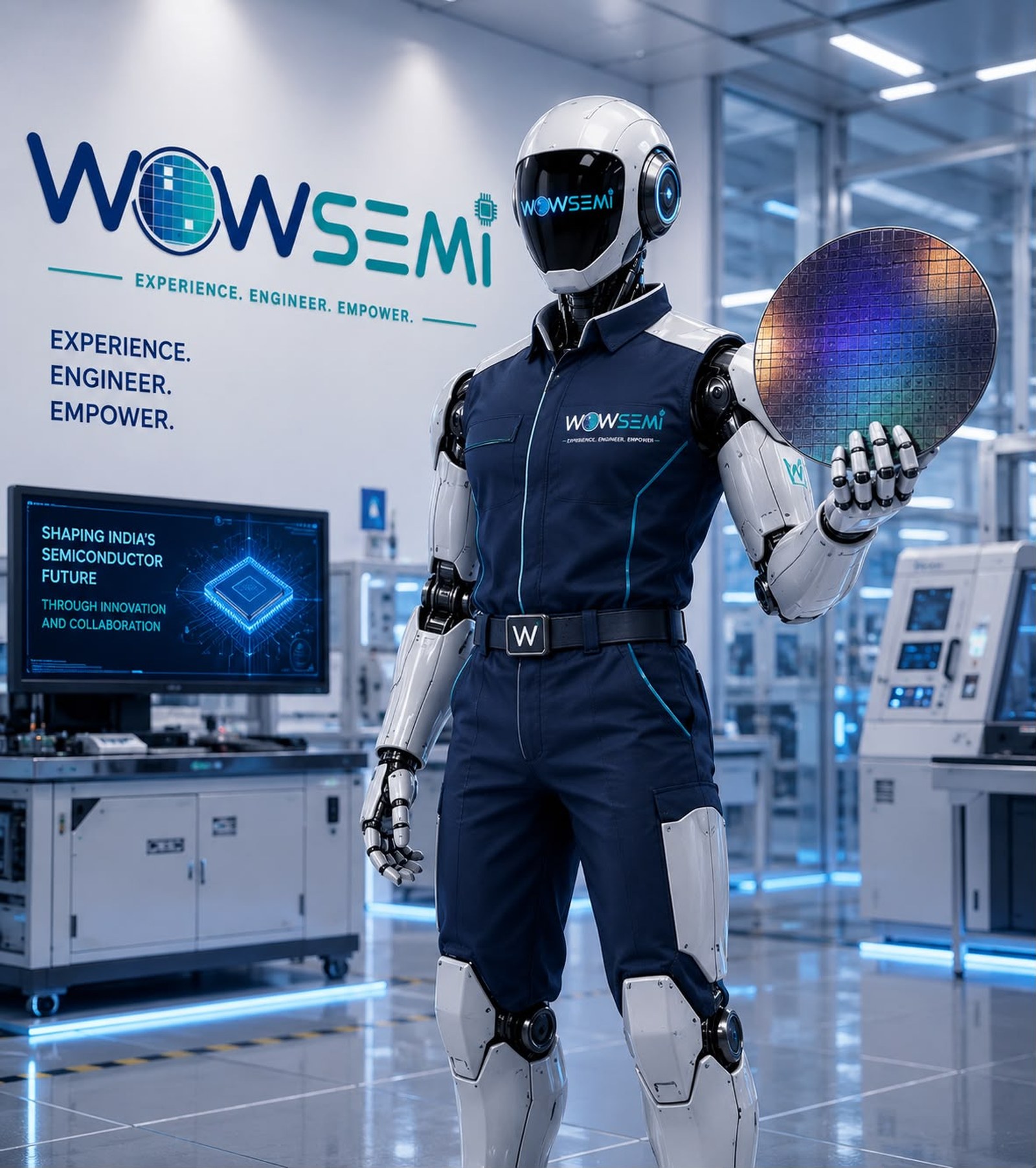 WOW Bot, the WOWSemi humanoid educator, holding a silicon wafer