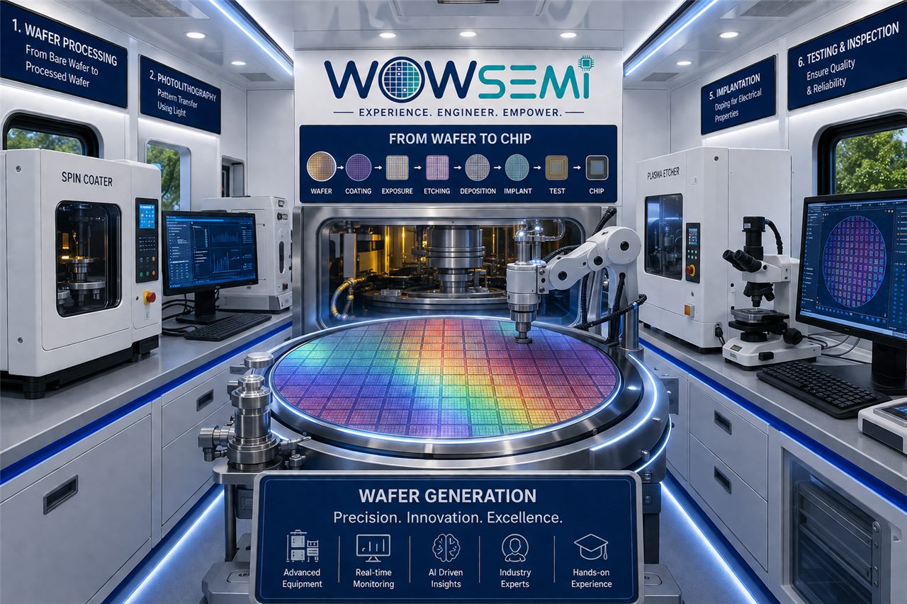 Concept render of the Fab On Wheels bus interior with a large rainbow wafer display and equipment stations