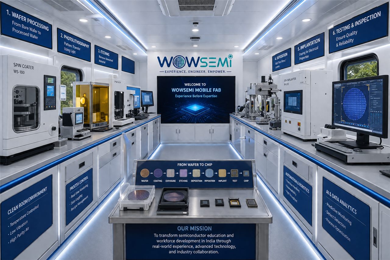 Concept render of the mobile fab welcome area with process signage from wafer to chip
